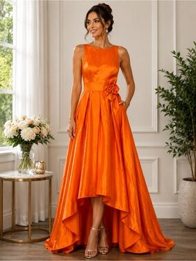 Women’s Orange High Low Satin Dress Floral Accent NWOT Unbranded Party Dress